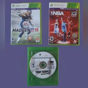 XBOX 360 SPOTRS GAME BUNDLE MADDEN NFL 15, NBA 2K13, TONY HAWK'S PROVING GROUND